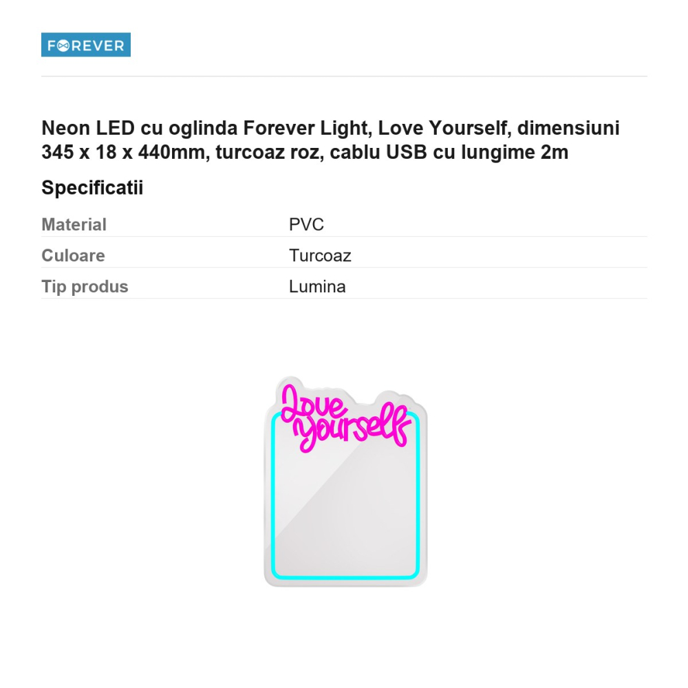 Neon LED cu oglinda Forever Light, Love Yourself, dimensiuni 345 x 18 x 440mm, turcoaz roz, cablu USB cu lungime 2m [3]