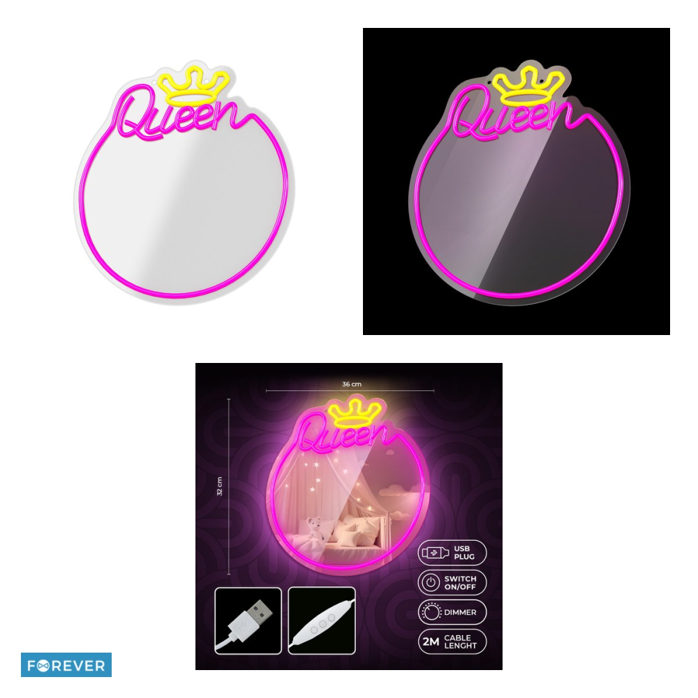 Neon LED cu oglinda Forever Light, Queen, dimensiuni 320 x 18 x 360mm, alb roz, cablu USB cu lungime 2m [4]