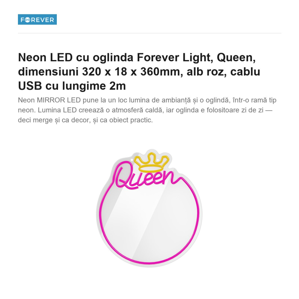 Neon LED cu oglinda Forever Light, Queen, dimensiuni 320 x 18 x 360mm, alb roz, cablu USB cu lungime 2m [2]