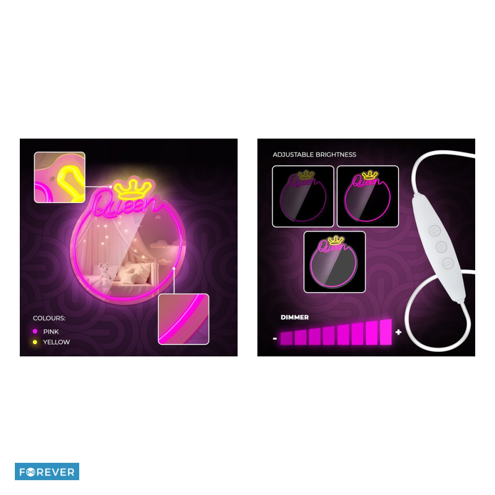 Neon LED cu oglinda Forever Light, Queen, dimensiuni 320 x 18 x 360mm, alb roz, cablu USB cu lungime 2m [5]