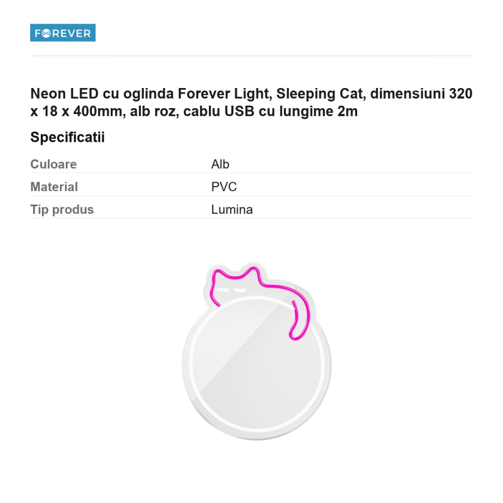 Neon LED cu oglinda Forever Light, Sleeping Cat, dimensiuni 320 x 18 x 400mm, alb roz, cablu USB cu lungime 2m [3]