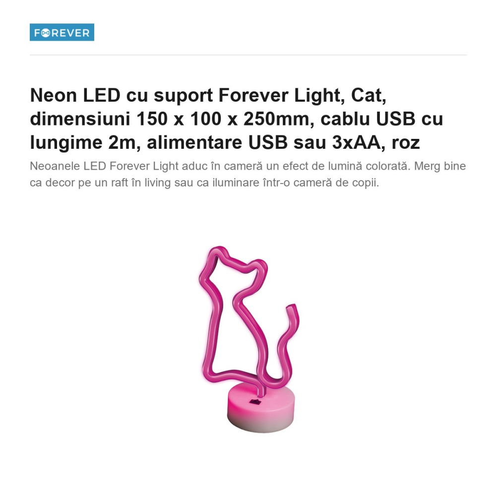 Neon LED cu suport Forever Light, Cat, dimensiuni 150 x 100 x 250mm, cablu USB cu lungime 2m, alimentare USB sau 3xAA, roz [2]