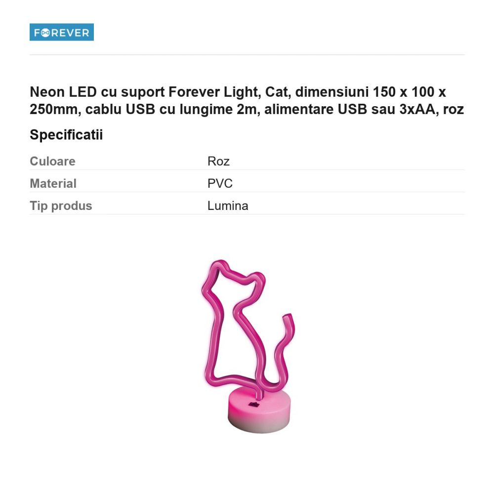 Neon LED cu suport Forever Light, Cat, dimensiuni 150 x 100 x 250mm, cablu USB cu lungime 2m, alimentare USB sau 3xAA, roz [3]