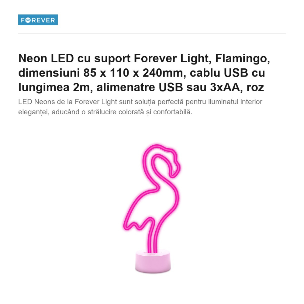 Neon LED cu suport Forever Light, Flamingo, dimensiuni 85 x 110 x 240mm, cablu USB cu lungimea 2m, alimenatre USB sau 3xAA, roz [2]