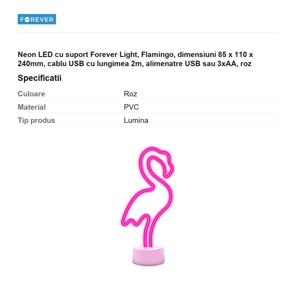 Neon LED cu suport Forever Light, Flamingo, dimensiuni 85 x 110 x 240mm, cablu USB cu lungimea 2m, alimenatre USB sau 3xAA, roz [3]