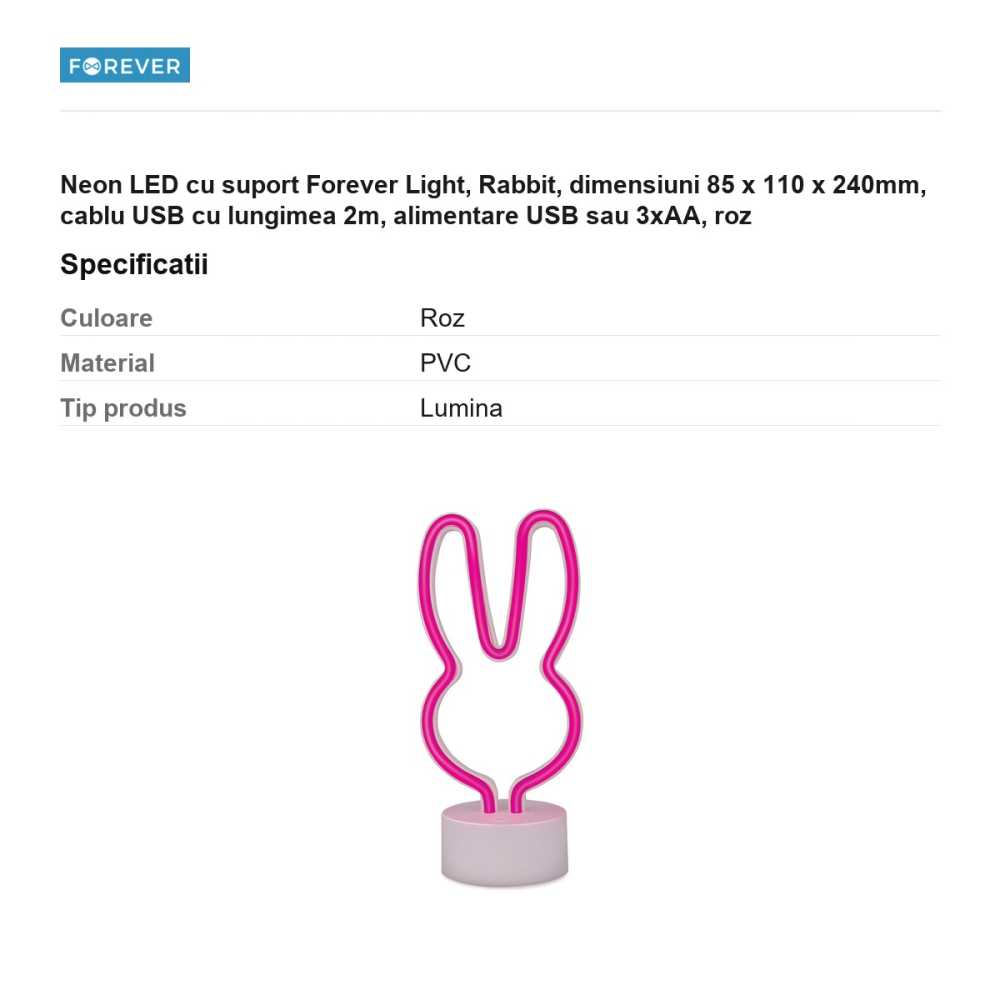 Neon LED cu suport Forever Light, Rabbit, dimensiuni 85 x 110 x 240mm, cablu USB cu lungimea 2m, alimentare USB sau 3xAA, roz [3]