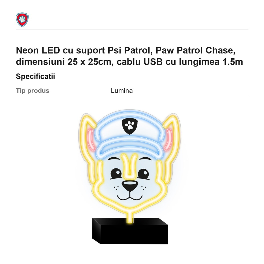 Neon LED cu suport Psi Patrol, Paw Patrol Chase, dimensiuni 25 x 25cm, cablu USB cu lungimea 1.5m [3]