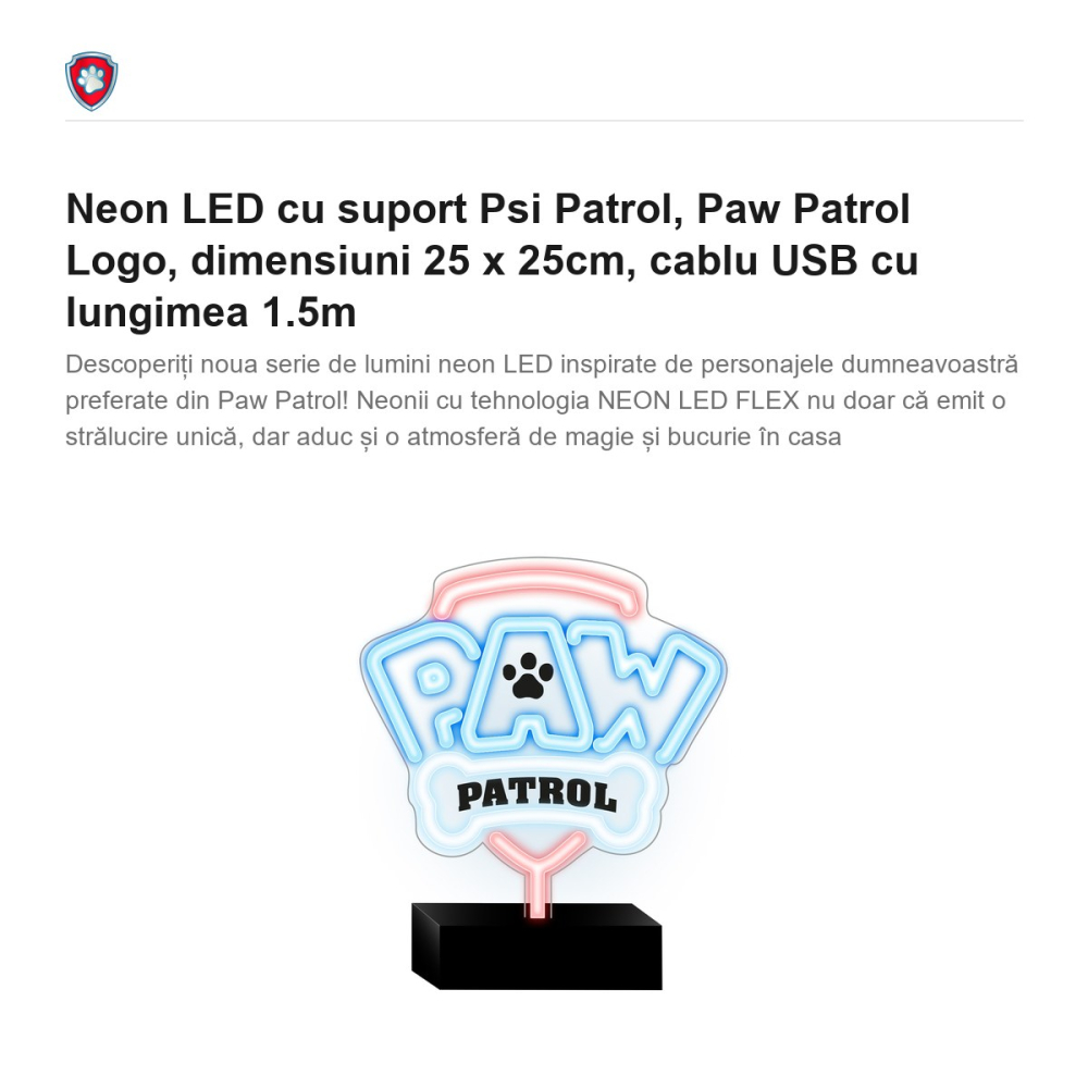 Neon LED cu suport Psi Patrol, Paw Patrol Logo, dimensiuni 25 x 25cm, cablu USB cu lungimea 1.5m [2]