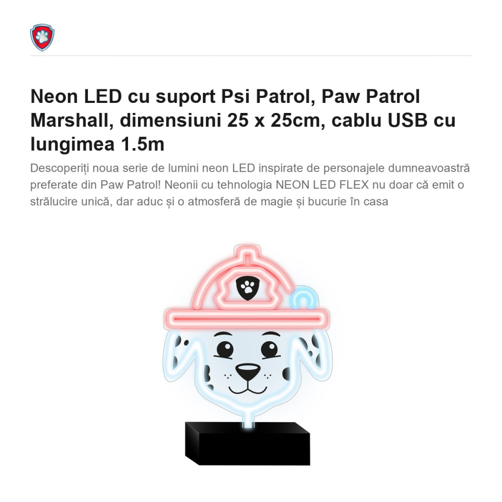 Neon LED cu suport Psi Patrol, Paw Patrol Marshall, dimensiuni 25 x 25cm, cablu USB cu lungimea 1.5m [2]