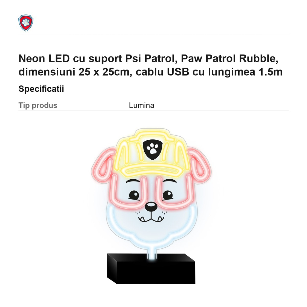 Neon LED cu suport Psi Patrol, Paw Patrol Rubble, dimensiuni 25 x 25cm, cablu USB cu lungimea 1.5m [3]