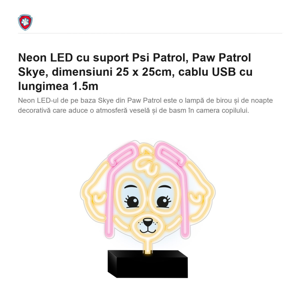 Neon LED cu suport Psi Patrol, Paw Patrol Skye, dimensiuni 25 x 25cm, cablu USB cu lungimea 1.5m [2]