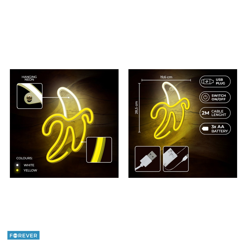 Neon LED Forever Light, Banana, alb galben, 131 lm, dimensiuni 196 x 20 x 285mm, cablu USB cu lungime 2m, alimentare USB 5V 1A sau 3xAA [5]