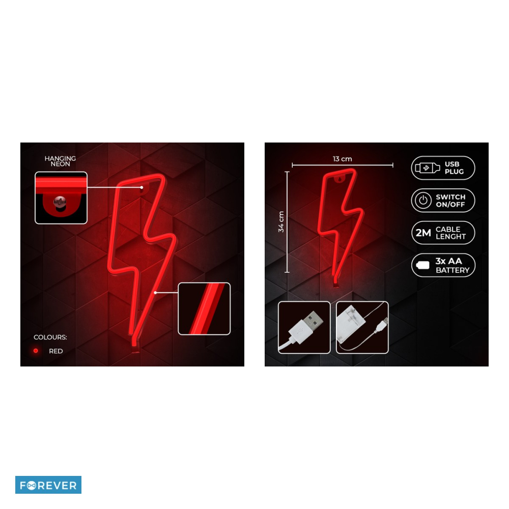 Neon LED Forever Light, Bolt, dimensiuni 130 x 20 x 340mm, cablu USB cu lungime 2m, alimentare USB sau 3xAA, rosu [5]