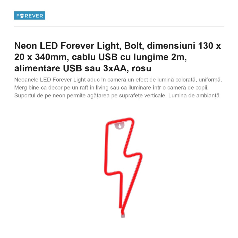 Neon LED Forever Light, Bolt, dimensiuni 130 x 20 x 340mm, cablu USB cu lungime 2m, alimentare USB sau 3xAA, rosu [2]