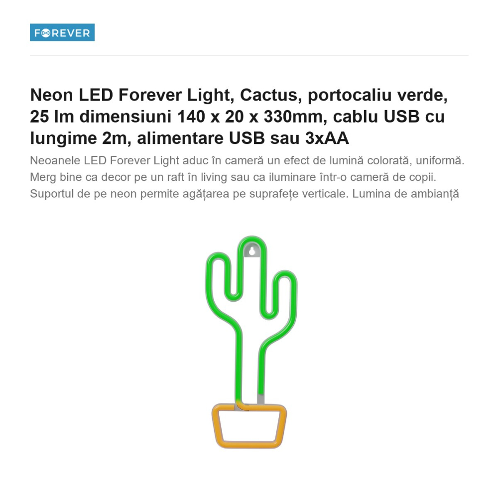 Neon LED Forever Light, Cactus, portocaliu verde, 25 lm dimensiuni 140 x 20 x 330mm, cablu USB cu lungime 2m, alimentare USB sau 3xAA [2]