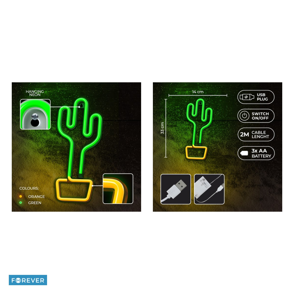 Neon LED Forever Light, Cactus, portocaliu verde, 25 lm dimensiuni 140 x 20 x 330mm, cablu USB cu lungime 2m, alimentare USB sau 3xAA [5]