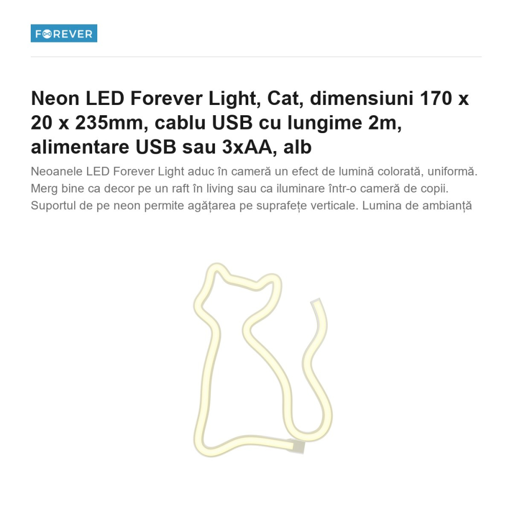 Neon LED Forever Light, Cat, dimensiuni 170 x 20 x 235mm, cablu USB cu lungime 2m, alimentare USB sau 3xAA, alb [2]