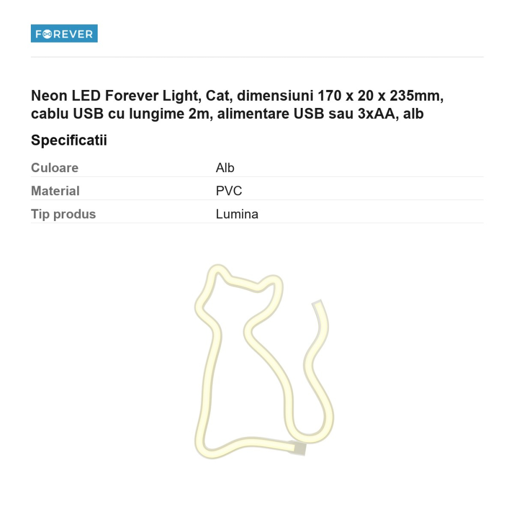 Neon LED Forever Light, Cat, dimensiuni 170 x 20 x 235mm, cablu USB cu lungime 2m, alimentare USB sau 3xAA, alb [3]