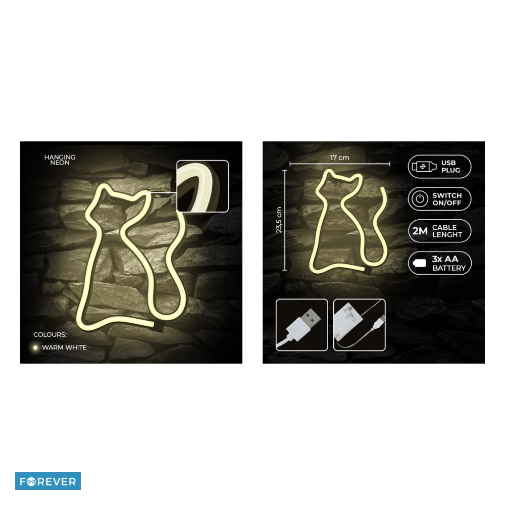 Neon LED Forever Light, Cat, dimensiuni 170 x 20 x 235mm, cablu USB cu lungime 2m, alimentare USB sau 3xAA, alb [5]