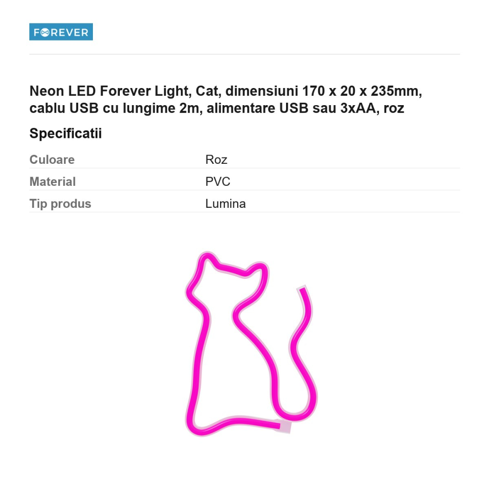 Neon LED Forever Light, Cat, dimensiuni 170 x 20 x 235mm, cablu USB cu lungime 2m, alimentare USB sau 3xAA, roz [3]