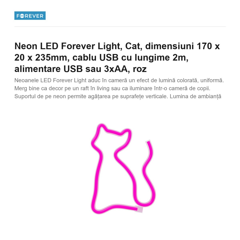 Neon LED Forever Light, Cat, dimensiuni 170 x 20 x 235mm, cablu USB cu lungime 2m, alimentare USB sau 3xAA, roz [2]