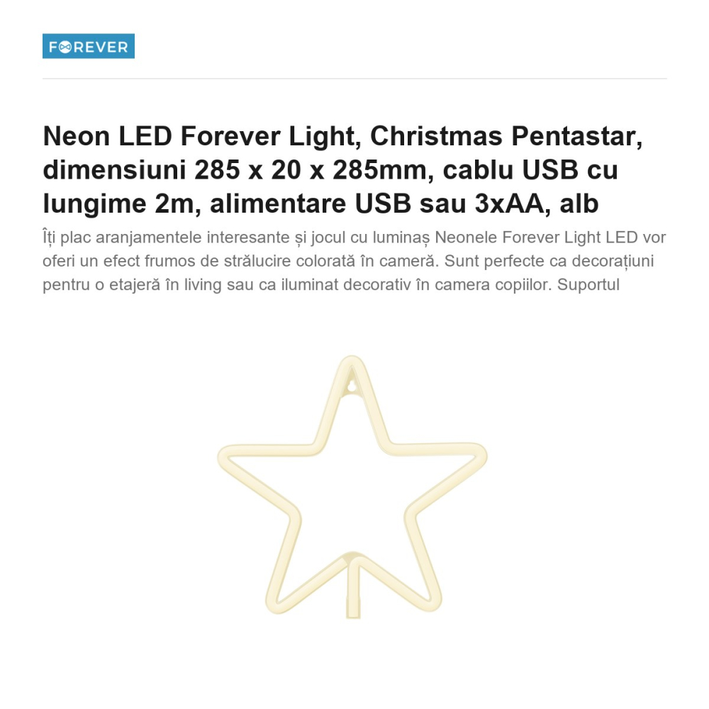 Neon LED Forever Light, Christmas Pentastar, dimensiuni 285 x 20 x 285mm, cablu USB cu lungime 2m, alimentare USB sau 3xAA, alb [2]