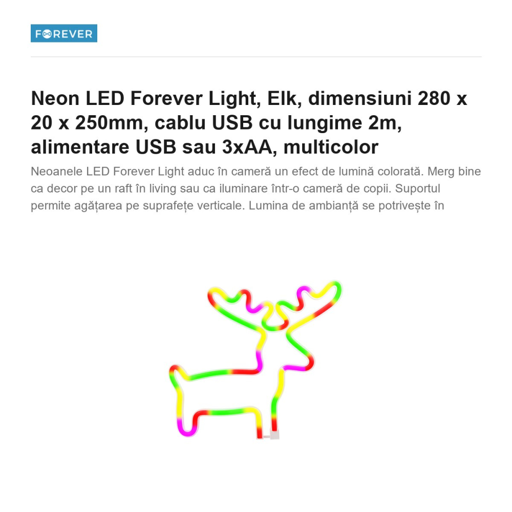 Neon LED Forever Light, Elk, dimensiuni 280 x 20 x 250mm, cablu USB cu lungime 2m, alimentare USB sau 3xAA, multicolor [2]