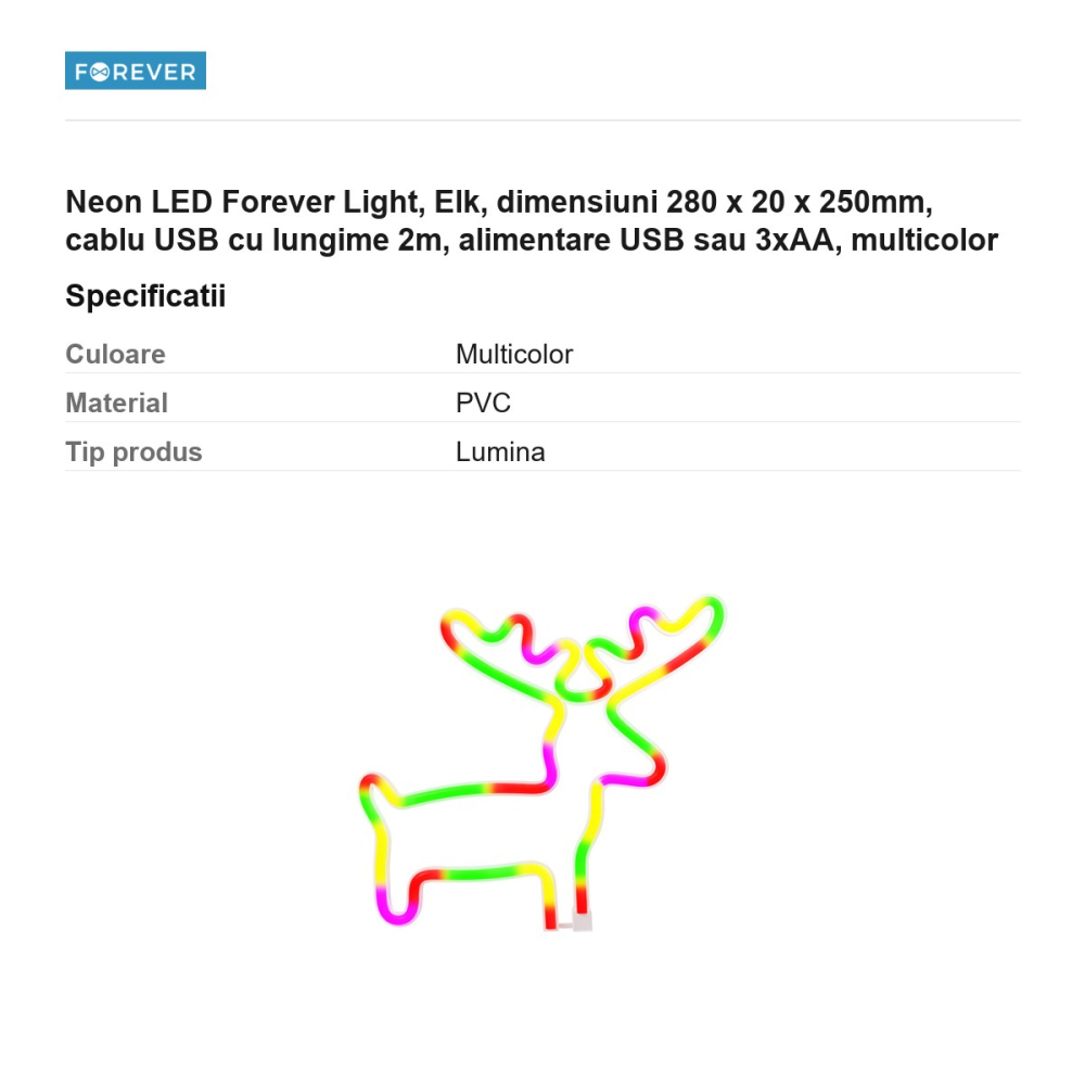 Neon LED Forever Light, Elk, dimensiuni 280 x 20 x 250mm, cablu USB cu lungime 2m, alimentare USB sau 3xAA, multicolor [3]