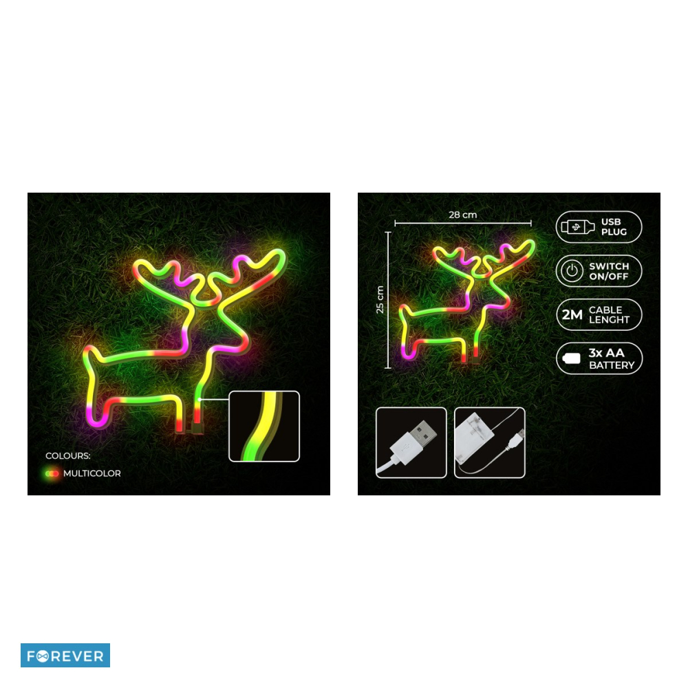 Neon LED Forever Light, Elk, dimensiuni 280 x 20 x 250mm, cablu USB cu lungime 2m, alimentare USB sau 3xAA, multicolor [5]