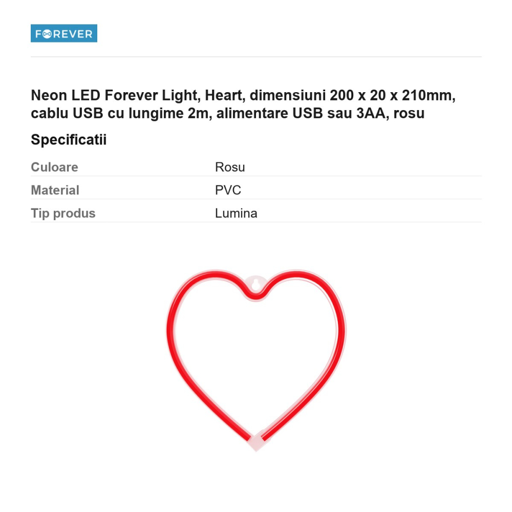 Neon LED Forever Light, Heart, dimensiuni 200 x 20 x 210mm, cablu USB cu lungime 2m, alimentare USB sau 3AA, rosu [3]
