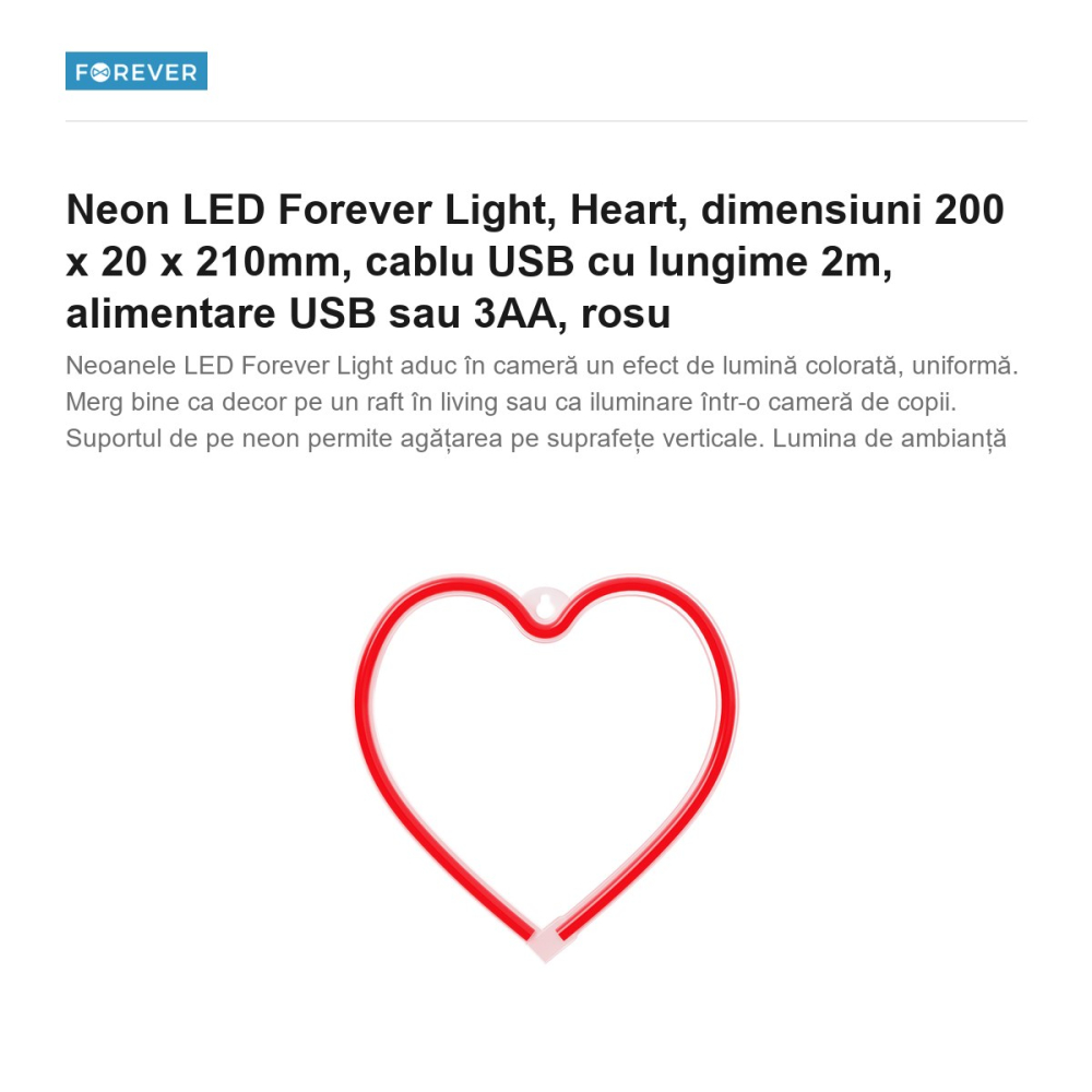 Neon LED Forever Light, Heart, dimensiuni 200 x 20 x 210mm, cablu USB cu lungime 2m, alimentare USB sau 3AA, rosu [2]