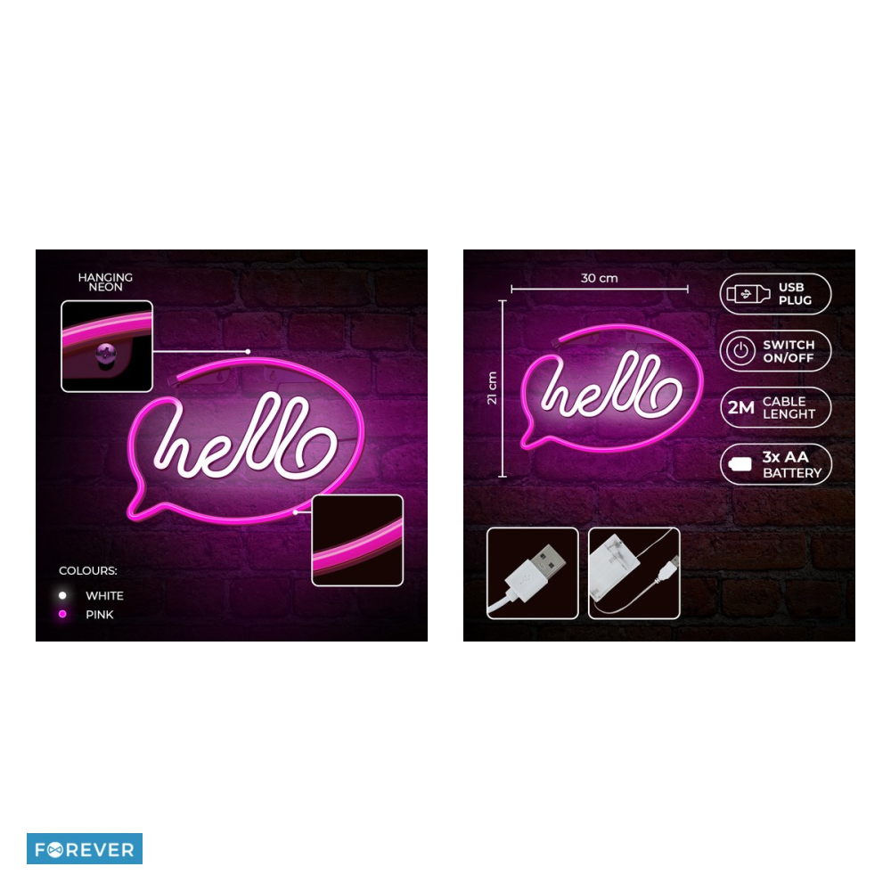 Neon LED Forever Light, Hello, dimensiuni 300 x 20 x 210mm, roz alb, cablu USB cu lungime 2m, alimentare USB sau 3xAA [5]