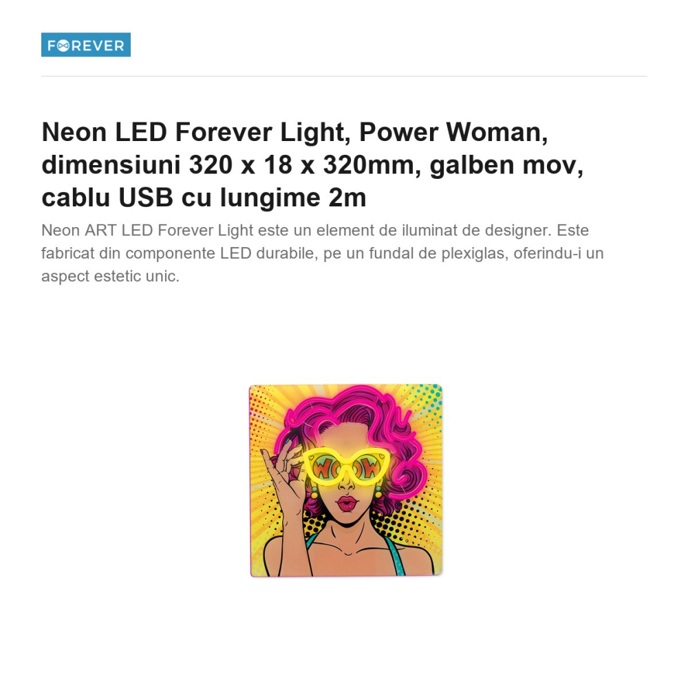 Neon LED Forever Light, Power Woman, dimensiuni 320 x 18 x 320mm, galben mov, cablu USB cu lungime 2m [2]