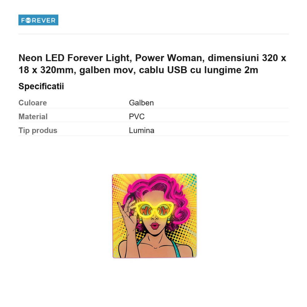 Neon LED Forever Light, Power Woman, dimensiuni 320 x 18 x 320mm, galben mov, cablu USB cu lungime 2m [3]