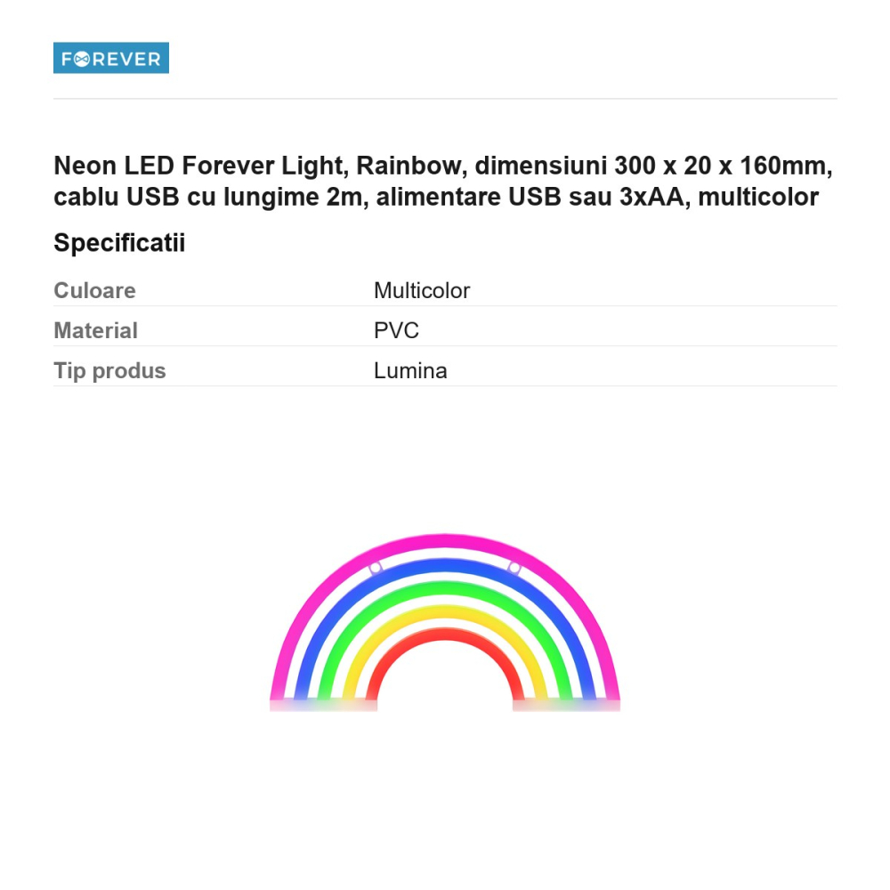 Neon LED Forever Light, Rainbow, dimensiuni 300 x 20 x 160mm, cablu USB cu lungime 2m, alimentare USB sau 3xAA, multicolor [3]