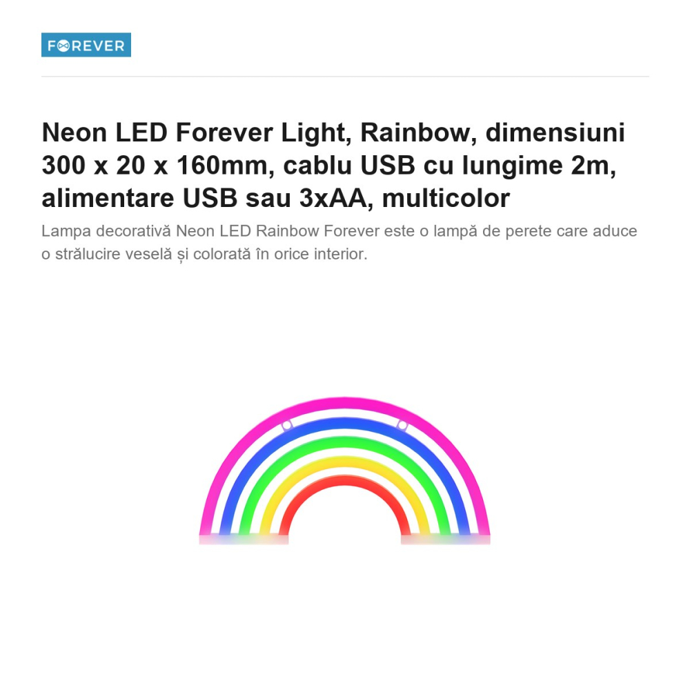 Neon LED Forever Light, Rainbow, dimensiuni 300 x 20 x 160mm, cablu USB cu lungime 2m, alimentare USB sau 3xAA, multicolor [2]