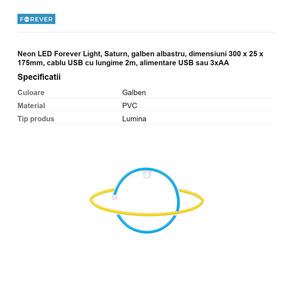 Neon LED Forever Light, Saturn, galben albastru, dimensiuni 300 x 25 x 175mm, cablu USB cu lungime 2m, alimentare USB sau 3xAA [3]