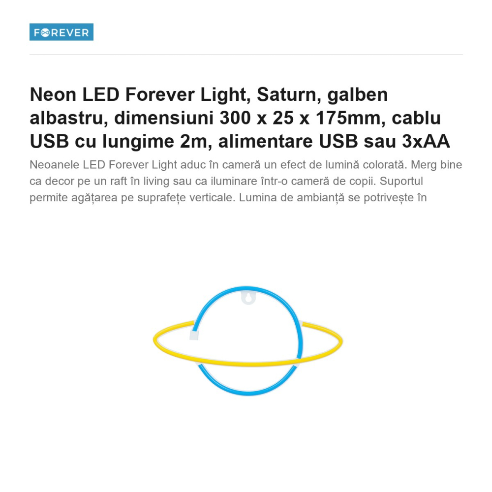 Neon LED Forever Light, Saturn, galben albastru, dimensiuni 300 x 25 x 175mm, cablu USB cu lungime 2m, alimentare USB sau 3xAA [2]