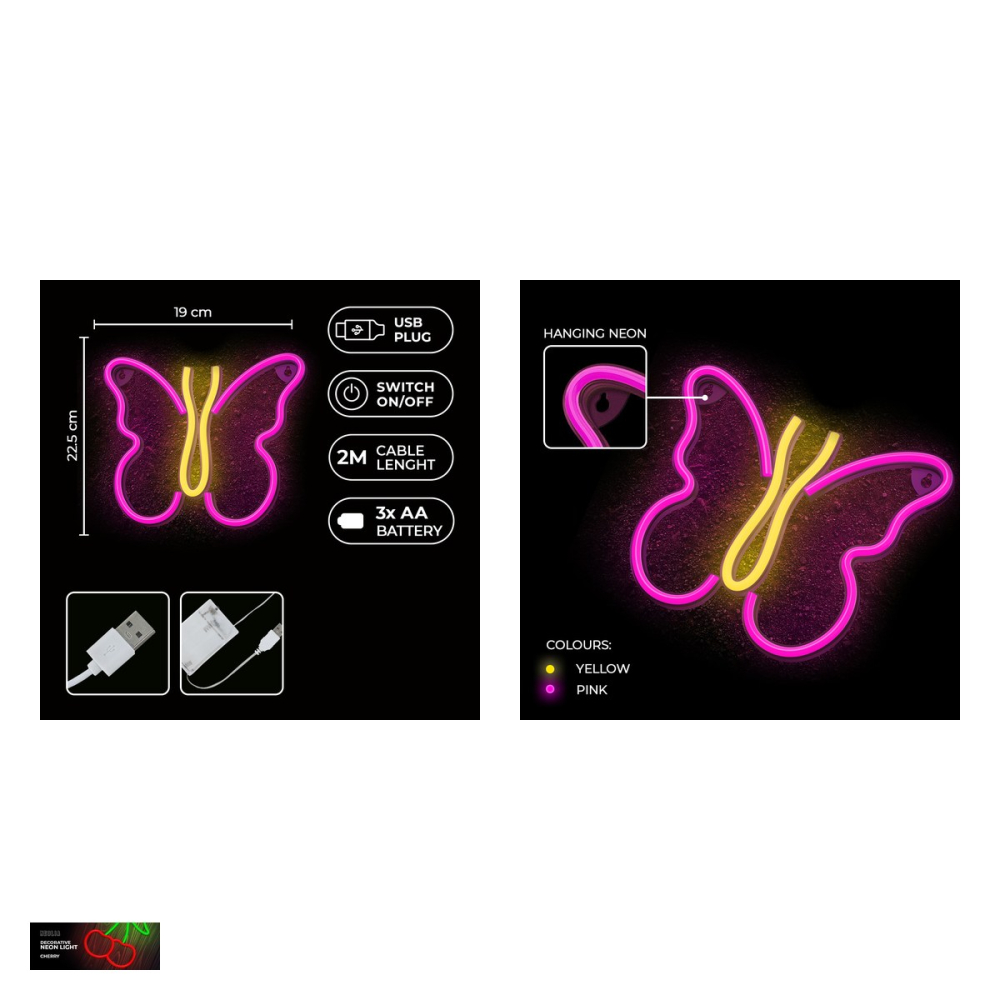 Neon LED Neolia, Butterfly, dimensiuni 190 x 19 x 225mm, cablu USB cu lungime 2m, alimentare USB sau 3xAA, roz [5]
