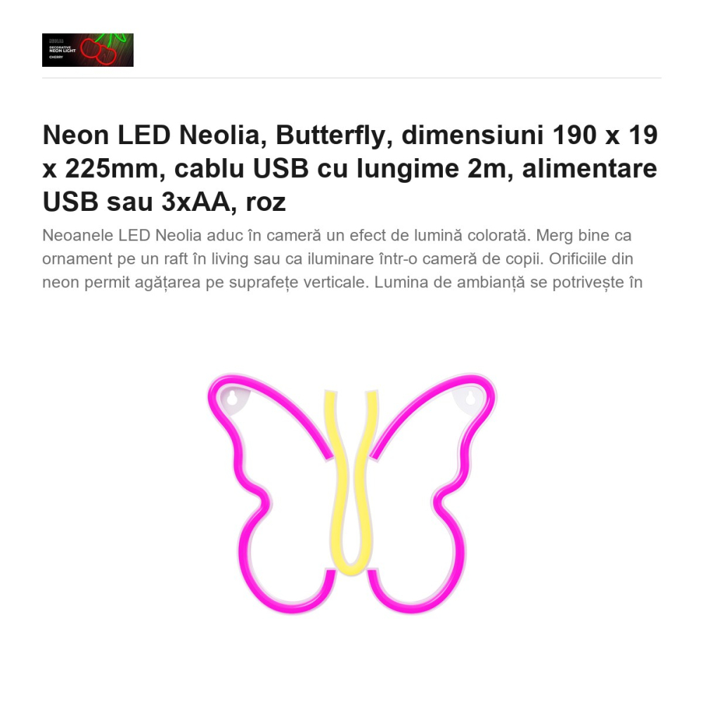 Neon LED Neolia, Butterfly, dimensiuni 190 x 19 x 225mm, cablu USB cu lungime 2m, alimentare USB sau 3xAA, roz [2]