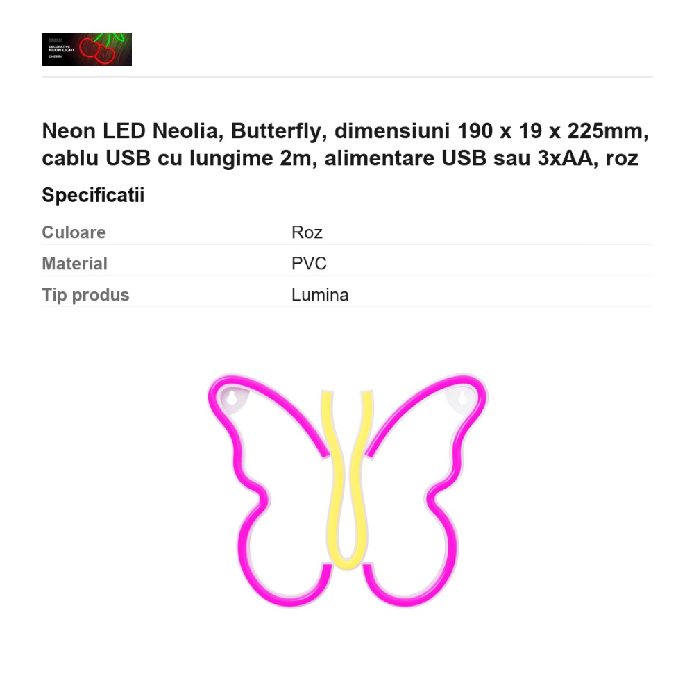 Neon LED Neolia, Butterfly, dimensiuni 190 x 19 x 225mm, cablu USB cu lungime 2m, alimentare USB sau 3xAA, roz [3]