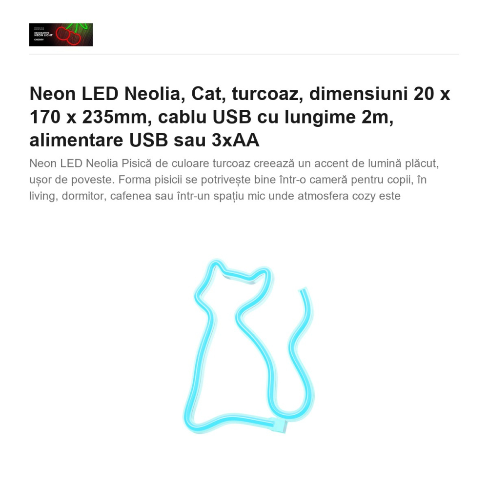 Neon LED Neolia, Cat, turcoaz, dimensiuni 20 x 170 x 235mm, cablu USB cu lungime  2m, alimentare USB sau 3xAA [2]