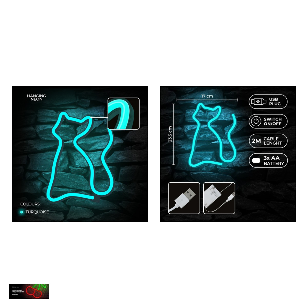Neon LED Neolia, Cat, turcoaz, dimensiuni 20 x 170 x 235mm, cablu USB cu lungime  2m, alimentare USB sau 3xAA [5]