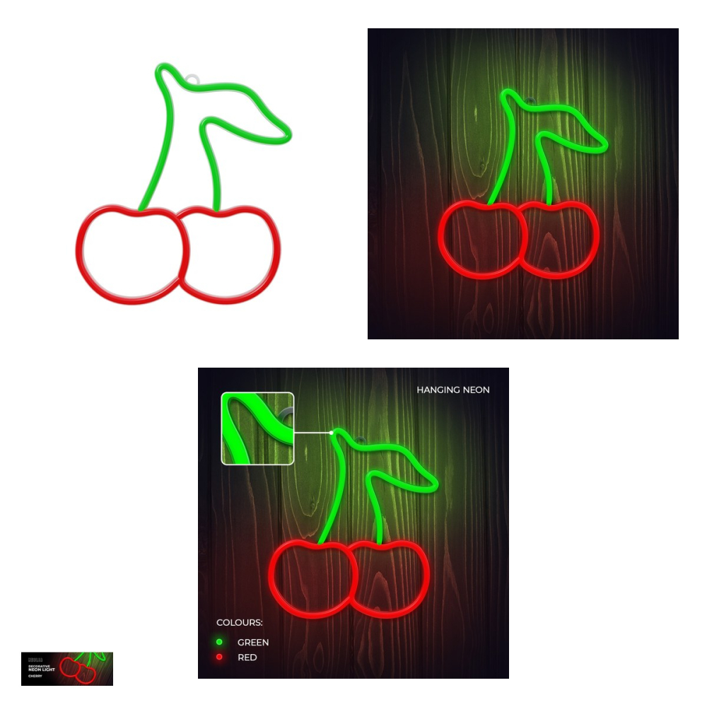 Neon LED Neolia, Cherry, dimensiuni 225 x 190 x 20 mm, verde rosu, cablu cu lungime 2m, alimentare USB sau 3xAA [4]