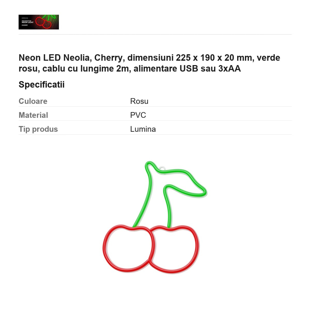Neon LED Neolia, Cherry, dimensiuni 225 x 190 x 20 mm, verde rosu, cablu cu lungime 2m, alimentare USB sau 3xAA [3]