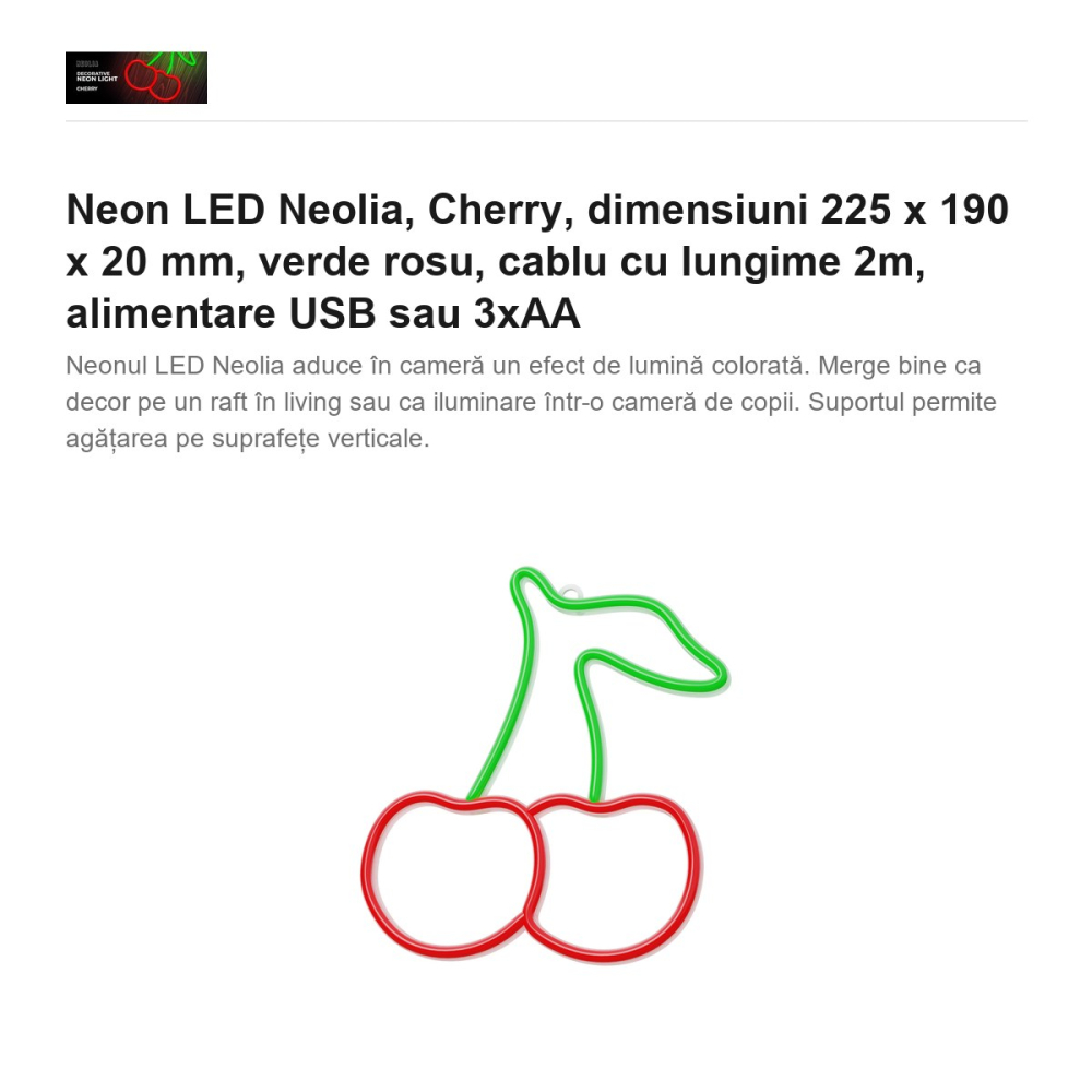 Neon LED Neolia, Cherry, dimensiuni 225 x 190 x 20 mm, verde rosu, cablu cu lungime 2m, alimentare USB sau 3xAA [2]