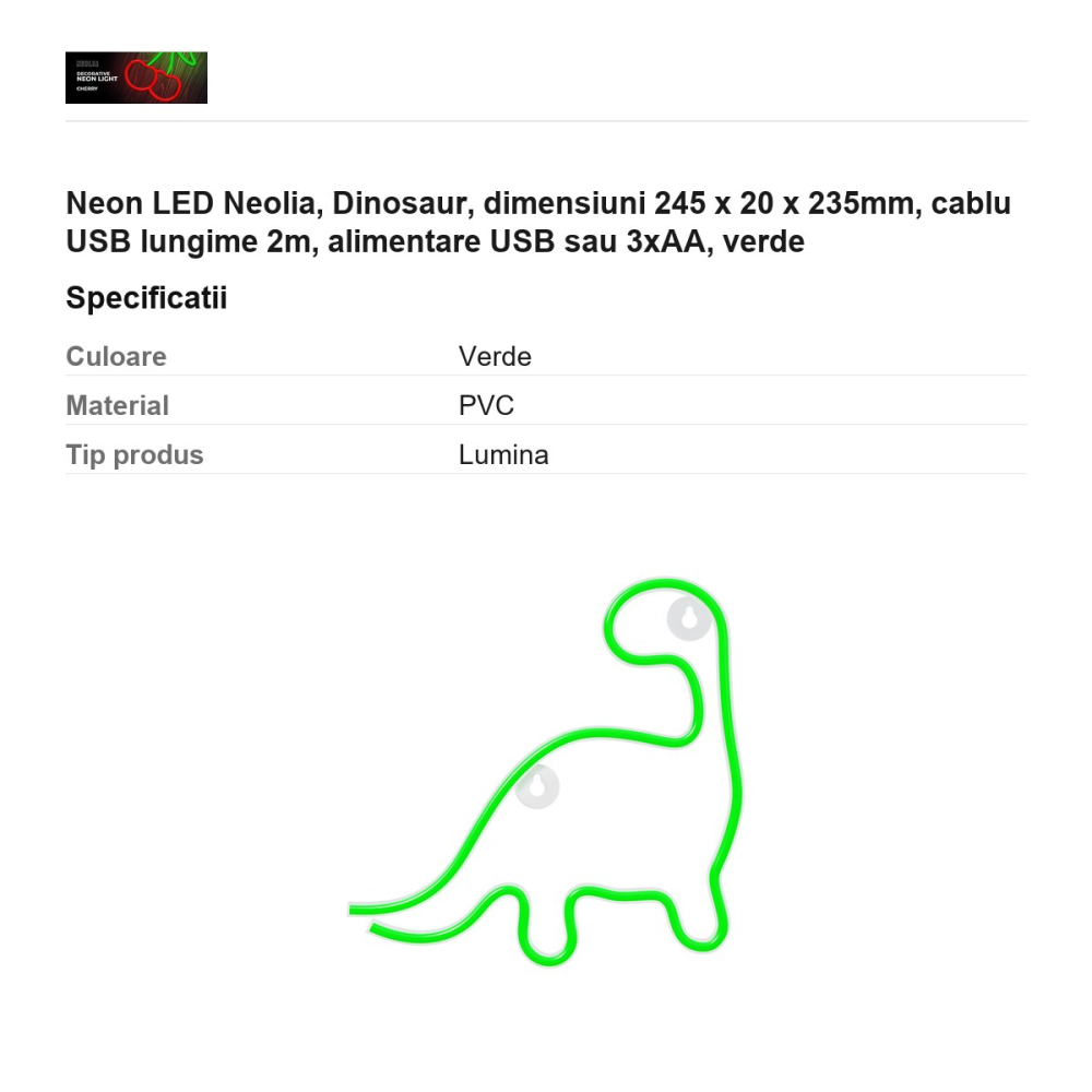 Neon LED Neolia, Dinosaur, dimensiuni 245 x 20 x 235mm, cablu USB lungime 2m, alimentare USB sau 3xAA, verde [3]