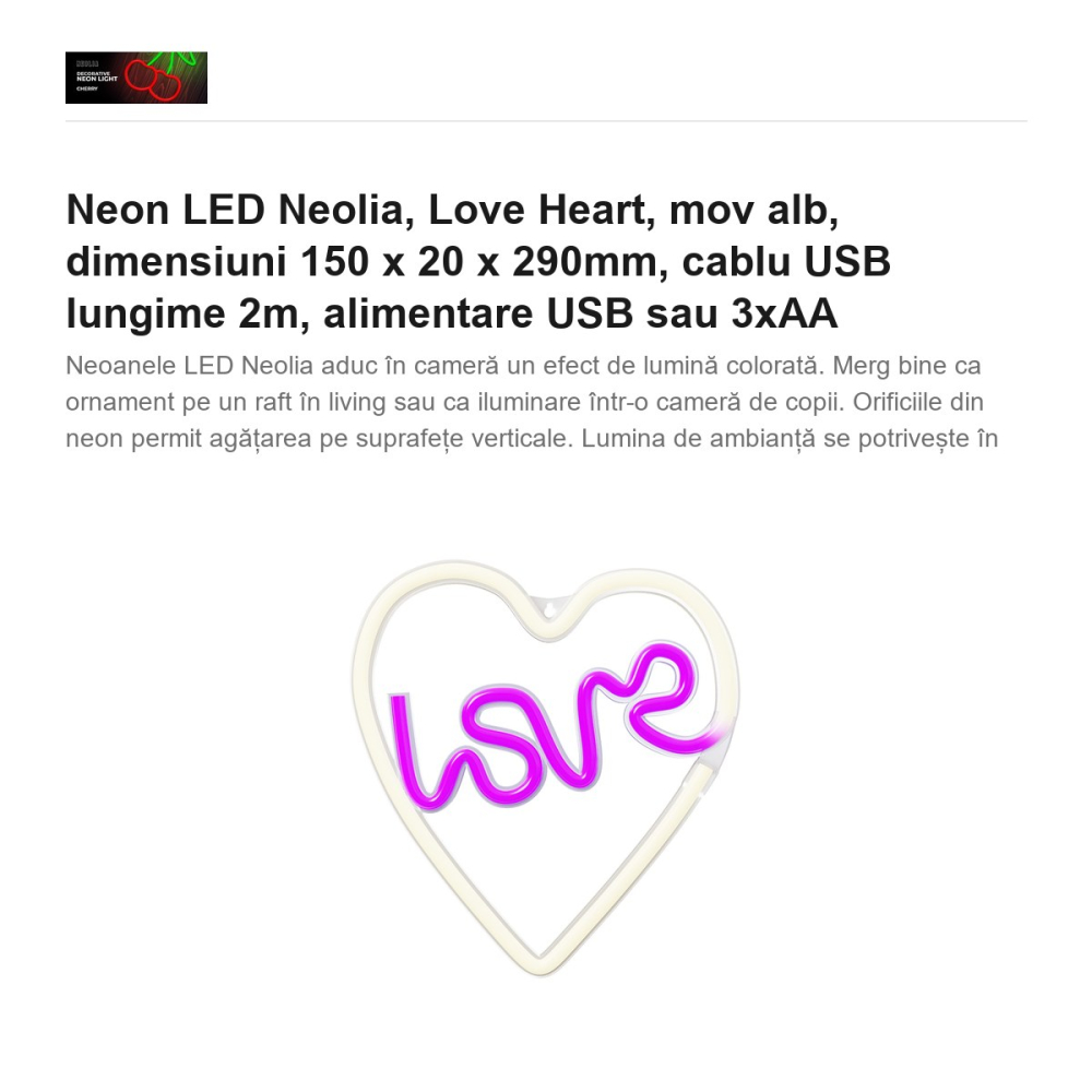 Neon LED Neolia, Love Heart, mov alb, dimensiuni 150 x 20 x 290mm, cablu USB lungime 2m, alimentare USB sau 3xAA [2]