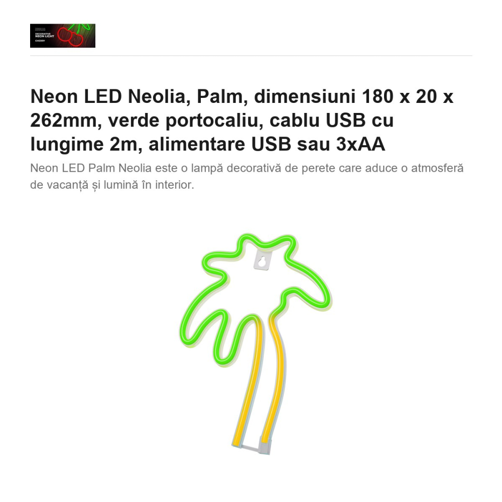 Neon LED Neolia, Palm, dimensiuni 180 x 20 x 262mm, verde portocaliu, cablu USB cu lungime 2m, alimentare USB sau 3xAA [2]