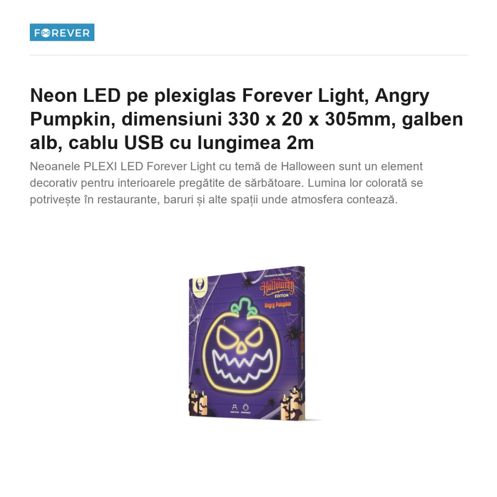 Neon LED pe plexiglas Forever Light, Angry Pumpkin, dimensiuni 330 x 20 x 305mm, galben alb, cablu USB cu lungimea 2m [2]